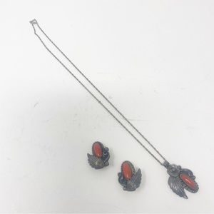 664 Vintage Navajo Coral Sterling Silver Feathers Pendant and Earrings by SAM P.